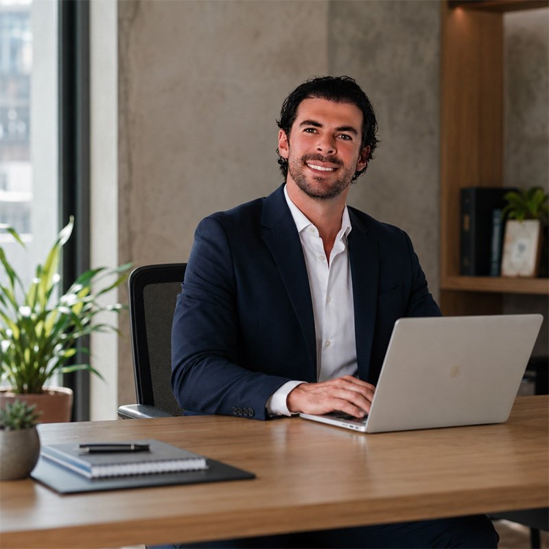 Victor Ruiz, broker inmobiliario en Cancún, en su escritorio trabajando en la laptop