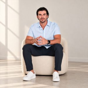 Victor Ruiz, broker inmobiliario en Cancún, sentado en un sillón con luz natural de ventana al fondo